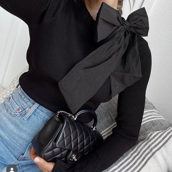 ChicWish Black Bow Long Sleeve Ribbed Knit Fitted Top Size M - Picture 1 of 5